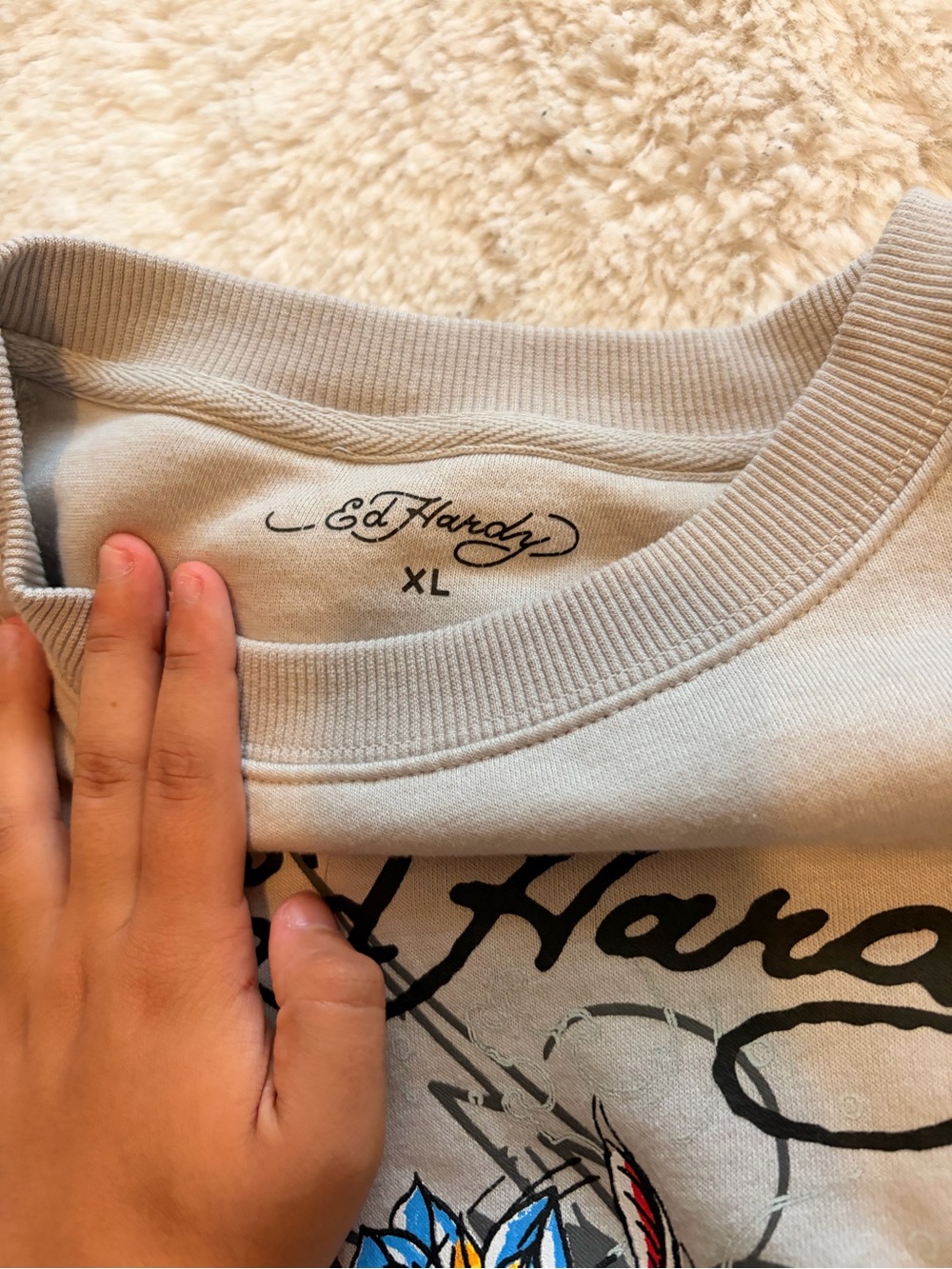 Ed Hardy Light Beige Graphic Crewneck with Multicolor Koi Print - Picture 3 of 7